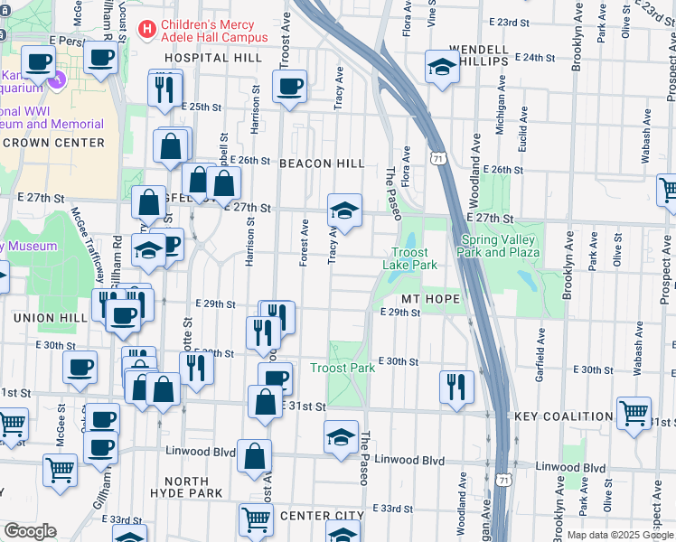 map of restaurants, bars, coffee shops, grocery stores, and more near 1319 Lake Avenue in Kansas City