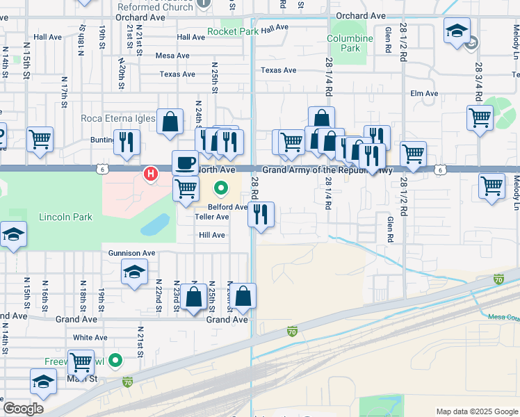 map of restaurants, bars, coffee shops, grocery stores, and more near 484 28 Road in Grand Junction