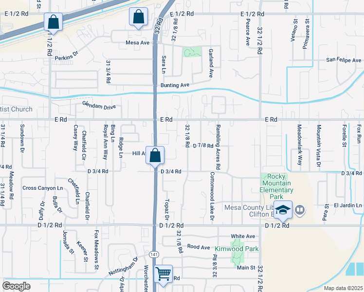 map of restaurants, bars, coffee shops, grocery stores, and more near 453 D 7/8 Road in Clifton