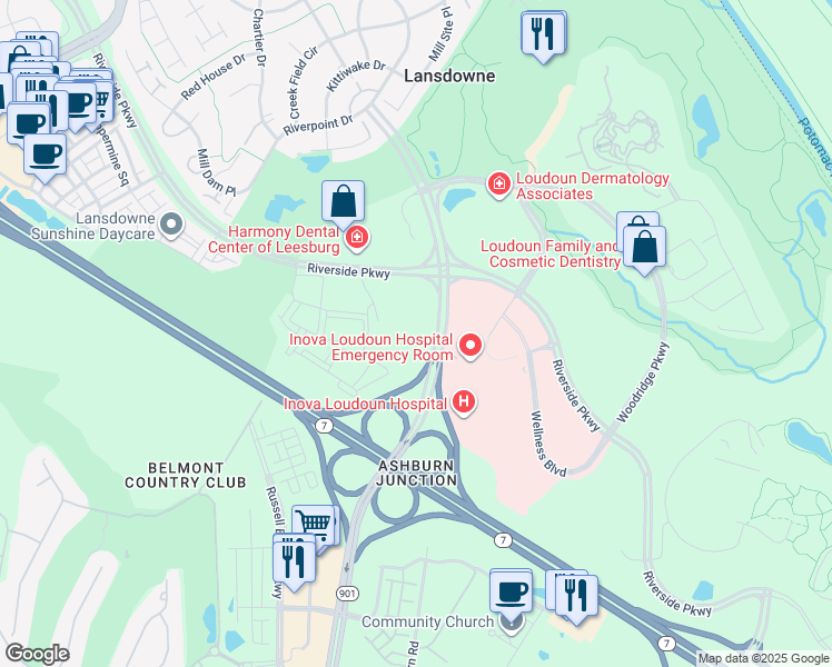 map of restaurants, bars, coffee shops, grocery stores, and more near 19540 Sandridge Way in Leesburg