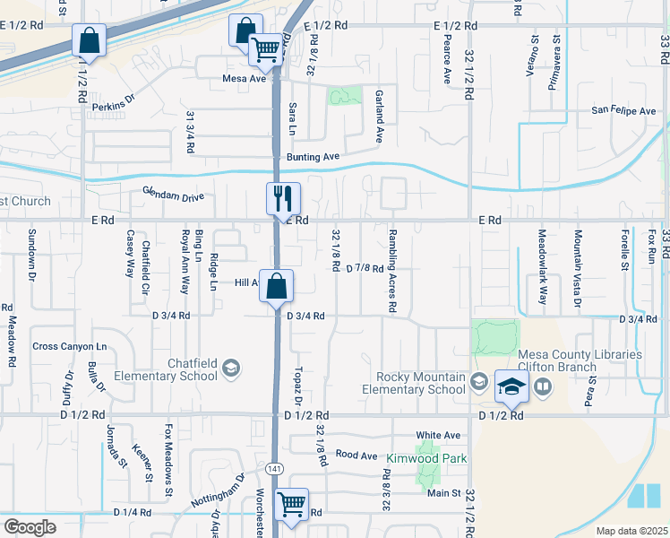 map of restaurants, bars, coffee shops, grocery stores, and more near 493 D 7/8 Road in Clifton