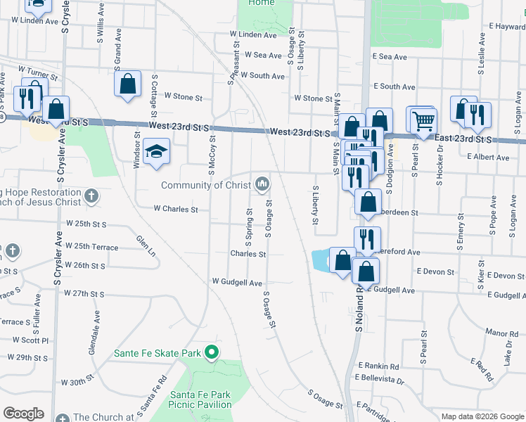 map of restaurants, bars, coffee shops, grocery stores, and more near 1415 South Spring Street in Independence