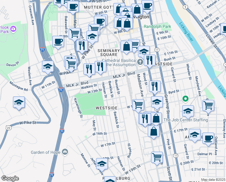 map of restaurants, bars, coffee shops, grocery stores, and more near 1327 Russell Street in Covington