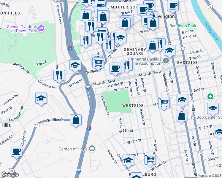 map of restaurants, bars, coffee shops, grocery stores, and more near 436 West 13th Street in Covington