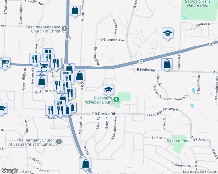 map of restaurants, bars, coffee shops, grocery stores, and more near 17441 Berry in Independence