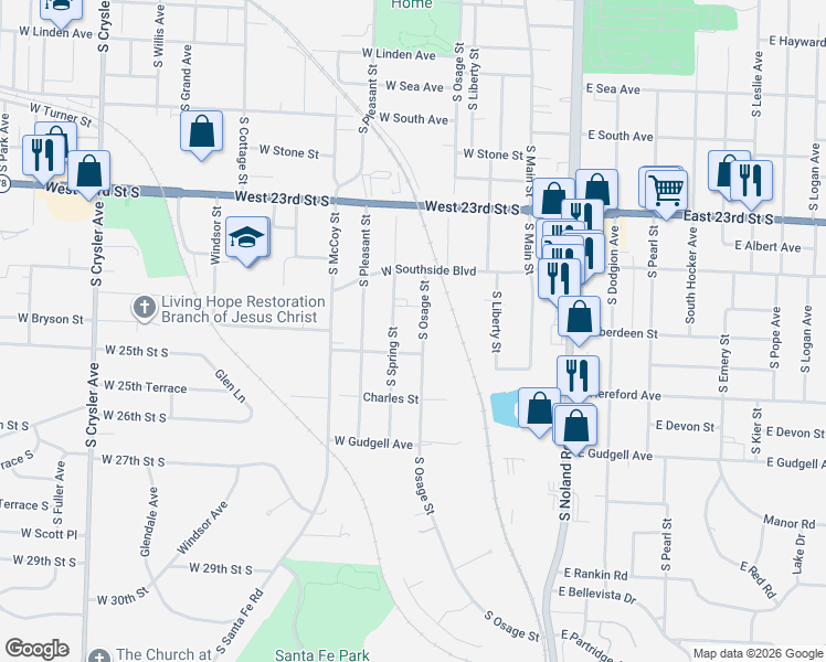 map of restaurants, bars, coffee shops, grocery stores, and more near 1415 South Spring Street in Independence