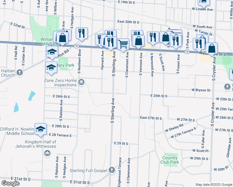 map of restaurants, bars, coffee shops, grocery stores, and more near 2509 South Sterling Avenue in Independence