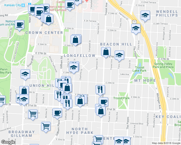 map of restaurants, bars, coffee shops, grocery stores, and more near 2827 Campbell Street in Kansas City