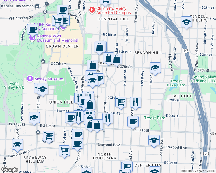 map of restaurants, bars, coffee shops, grocery stores, and more near 2809 Charlotte Street in Kansas City