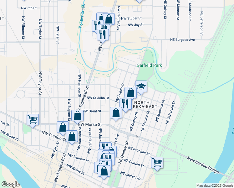 map of restaurants, bars, coffee shops, grocery stores, and more near 214 Northwest Saint John Street in Topeka