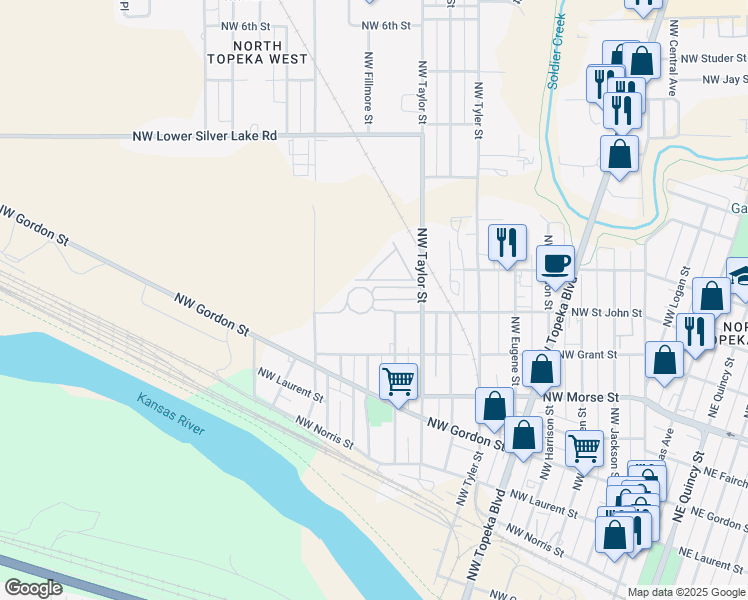 map of restaurants, bars, coffee shops, grocery stores, and more near 1105 Northwest Starlight Circle in Topeka