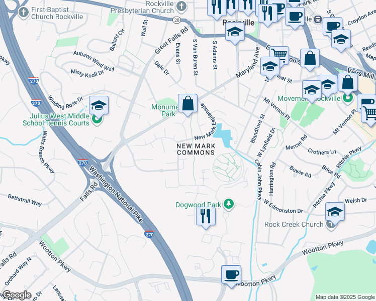 map of restaurants, bars, coffee shops, grocery stores, and more near 512 New Mark Esplanade in Rockville