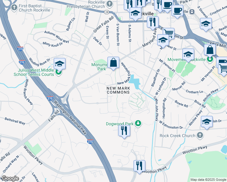 map of restaurants, bars, coffee shops, grocery stores, and more near 512 New Mark Esplanade in Rockville