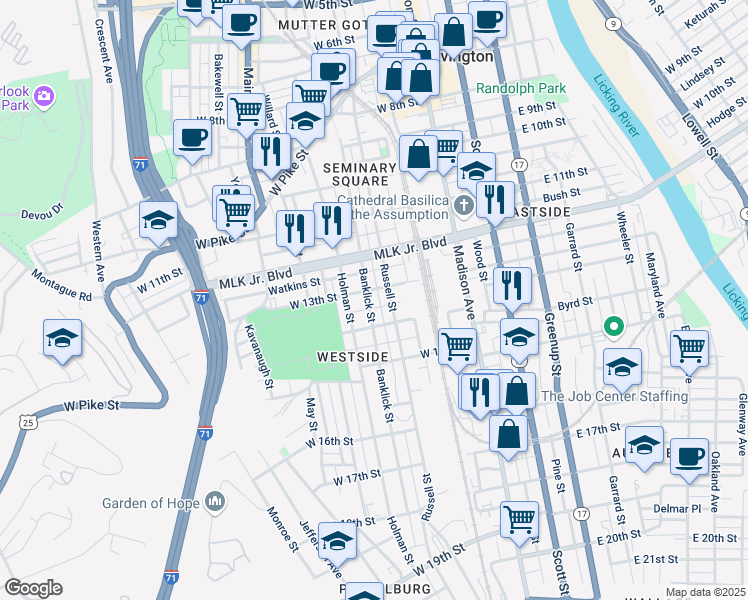 map of restaurants, bars, coffee shops, grocery stores, and more near 1327 Russell Street in Covington