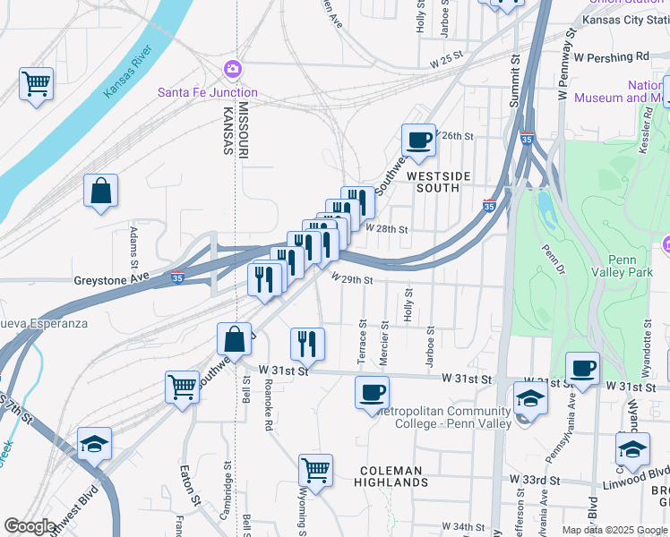 map of restaurants, bars, coffee shops, grocery stores, and more near 2853 Southwest Boulevard in Kansas City