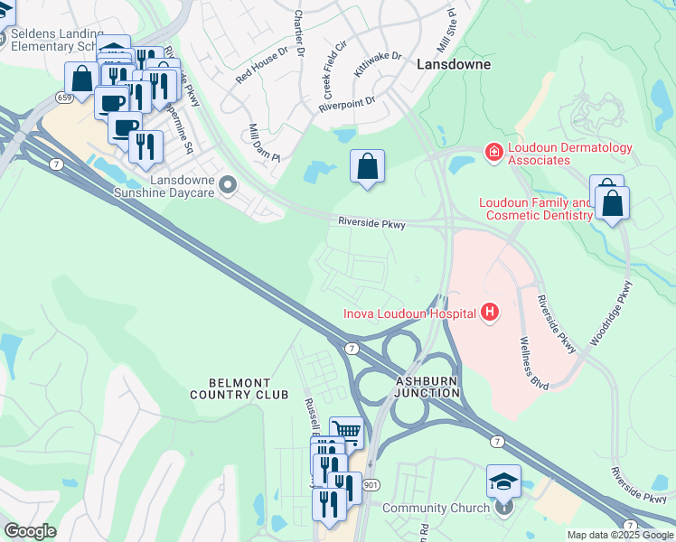 map of restaurants, bars, coffee shops, grocery stores, and more near Eagle Bend Square in Leesburg