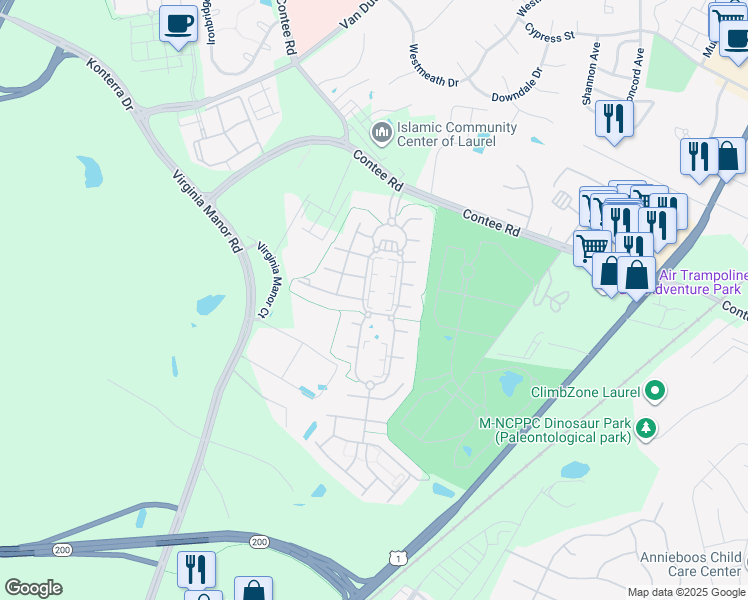 map of restaurants, bars, coffee shops, grocery stores, and more near 13501 Belle Chasse Boulevard in Laurel