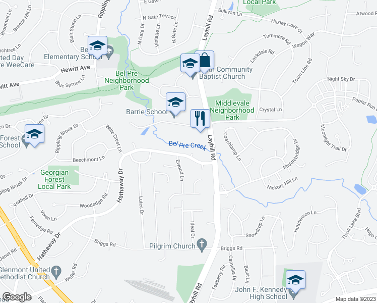 map of restaurants, bars, coffee shops, grocery stores, and more near 13400 Bingham Court in Silver Spring