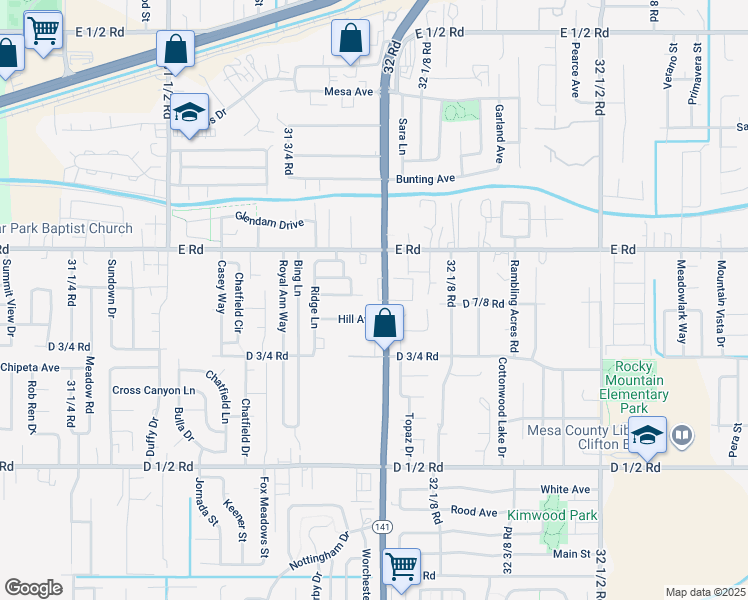 map of restaurants, bars, coffee shops, grocery stores, and more near 3194 Hill Avenue in Grand Junction