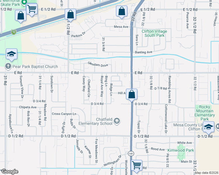 map of restaurants, bars, coffee shops, grocery stores, and more near 3186 Hill Avenue in Grand Junction