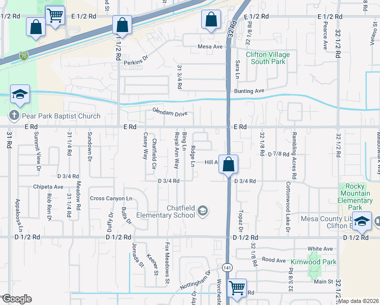 map of restaurants, bars, coffee shops, grocery stores, and more near 3186 Hill Avenue in Grand Junction