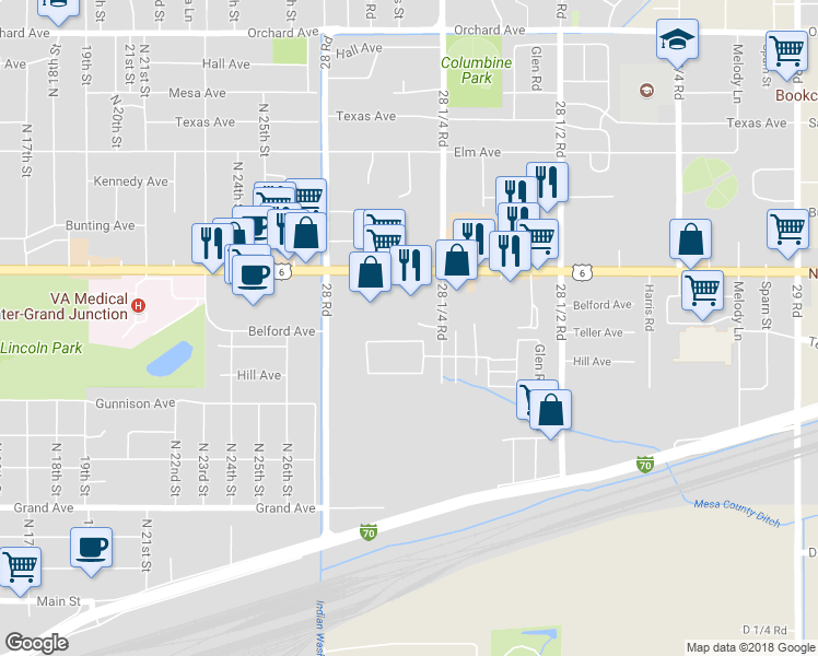 map of restaurants, bars, coffee shops, grocery stores, and more near 2813 North Niagara Circle in Grand Junction