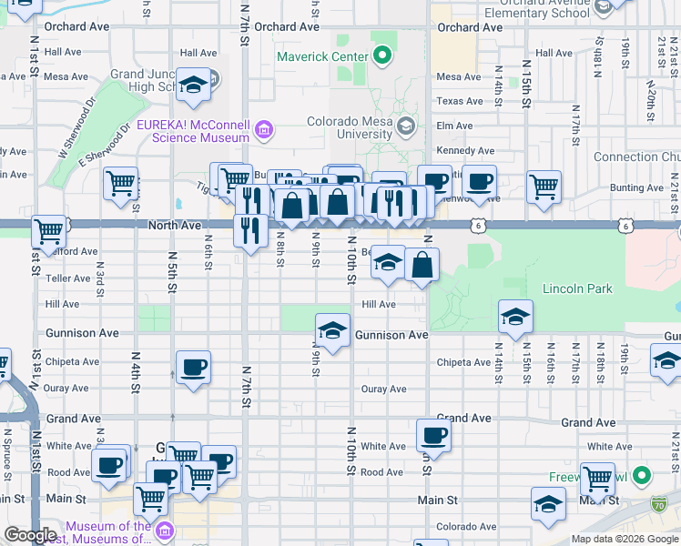 map of restaurants, bars, coffee shops, grocery stores, and more near 951 Teller Avenue in Grand Junction