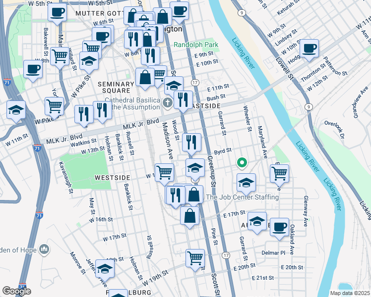 map of restaurants, bars, coffee shops, grocery stores, and more near 16 Martin Street in Covington