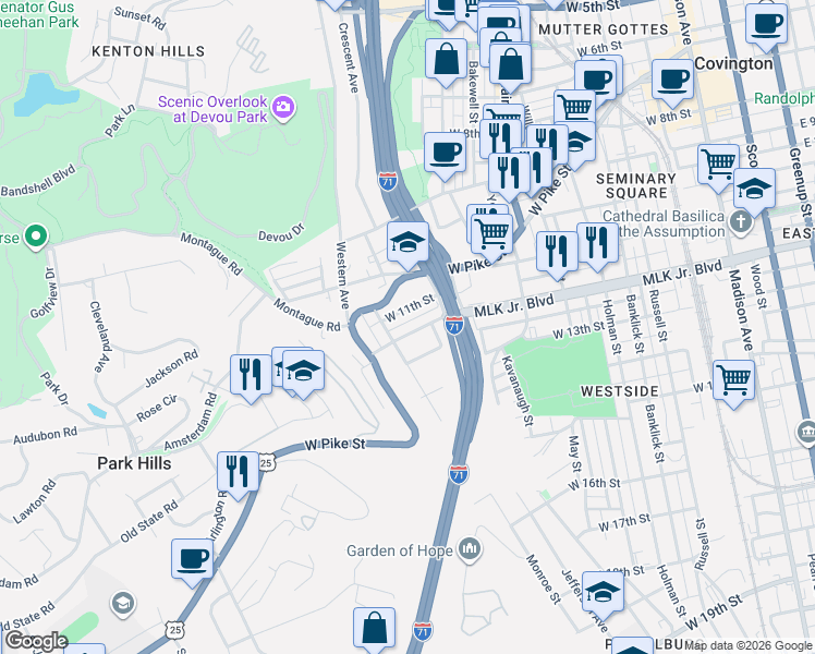 map of restaurants, bars, coffee shops, grocery stores, and more near 701 West 12th Street in Covington