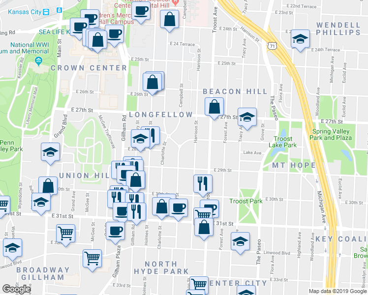 map of restaurants, bars, coffee shops, grocery stores, and more near 2827 Campbell Street in Kansas City