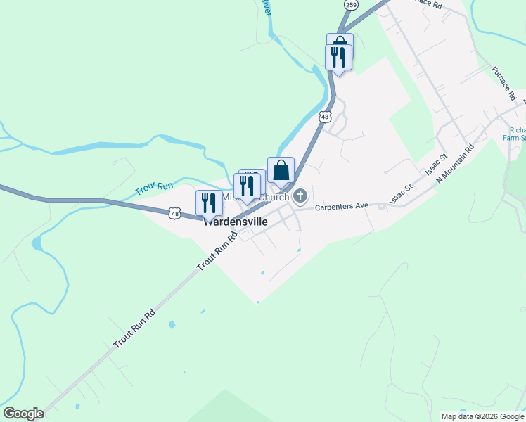 map of restaurants, bars, coffee shops, grocery stores, and more near 65 Laurel Street in Wardensville