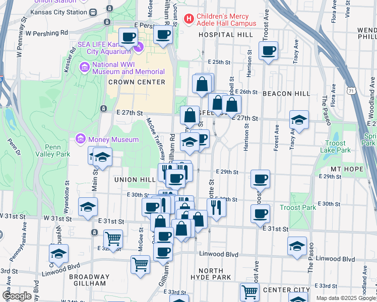 map of restaurants, bars, coffee shops, grocery stores, and more near 600 East 28th Street in Kansas City