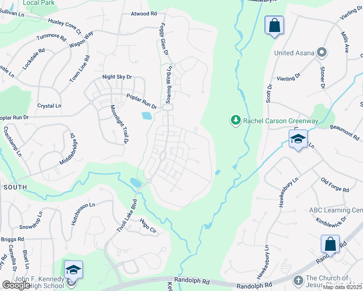 map of restaurants, bars, coffee shops, grocery stores, and more near 13424 Windy Meadow Lane in Silver Spring
