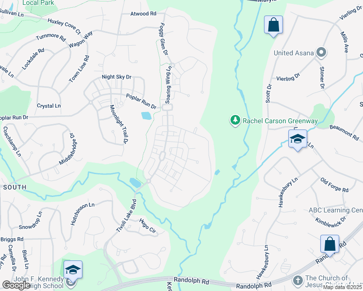 map of restaurants, bars, coffee shops, grocery stores, and more near 13424 Windy Meadow Lane in Silver Spring