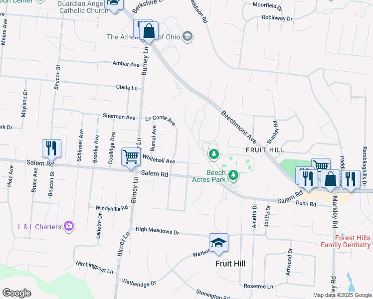 map of restaurants, bars, coffee shops, grocery stores, and more near 6830 Whitehall Avenue in Cincinnati