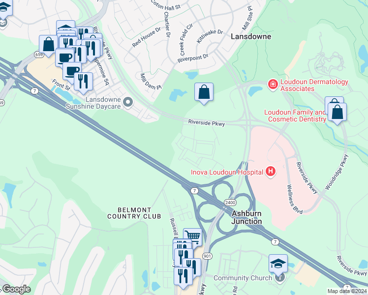 map of restaurants, bars, coffee shops, grocery stores, and more near 43810 Eagle Bend Square in Leesburg