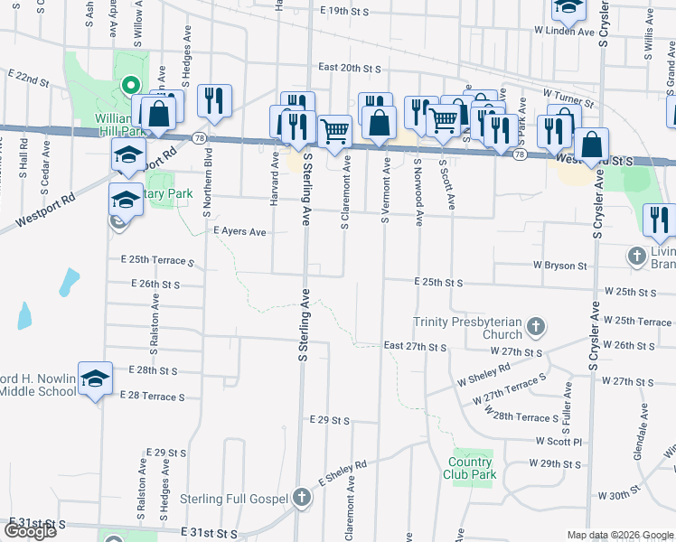 map of restaurants, bars, coffee shops, grocery stores, and more near 11233 East 25th Street South in Independence