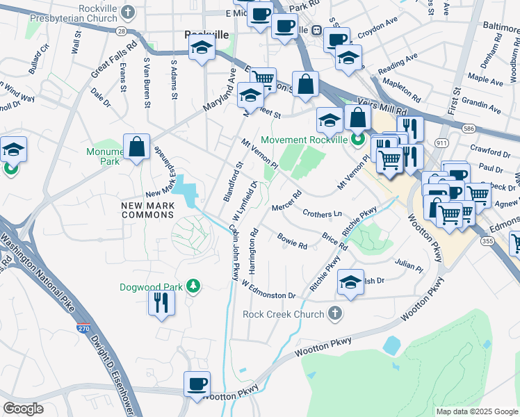 map of restaurants, bars, coffee shops, grocery stores, and more near 601 Harrington Road in Rockville