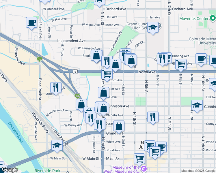 map of restaurants, bars, coffee shops, grocery stores, and more near 135 Teller Avenue in Grand Junction
