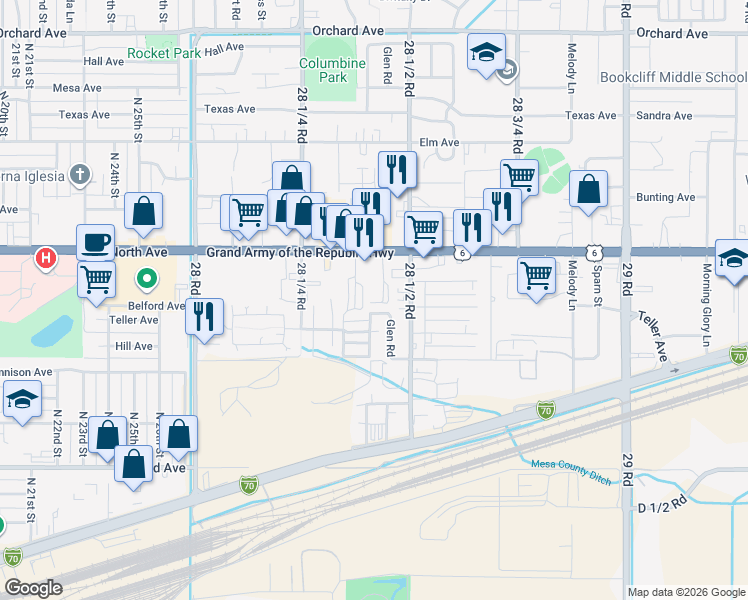 map of restaurants, bars, coffee shops, grocery stores, and more near 2837 North Avenue in Grand Junction