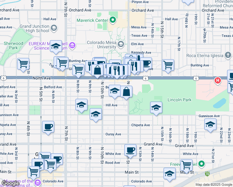 map of restaurants, bars, coffee shops, grocery stores, and more near 840 North 11th Street in Grand Junction