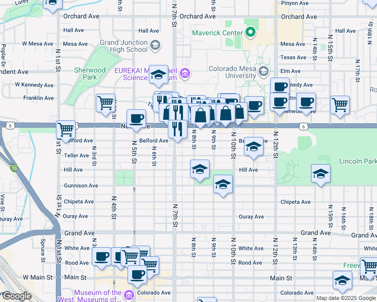 map of restaurants, bars, coffee shops, grocery stores, and more near 801-899 N 8th St in Grand Junction