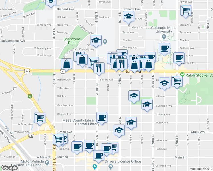 map of restaurants, bars, coffee shops, grocery stores, and more near 601 Teller Avenue in Grand Junction