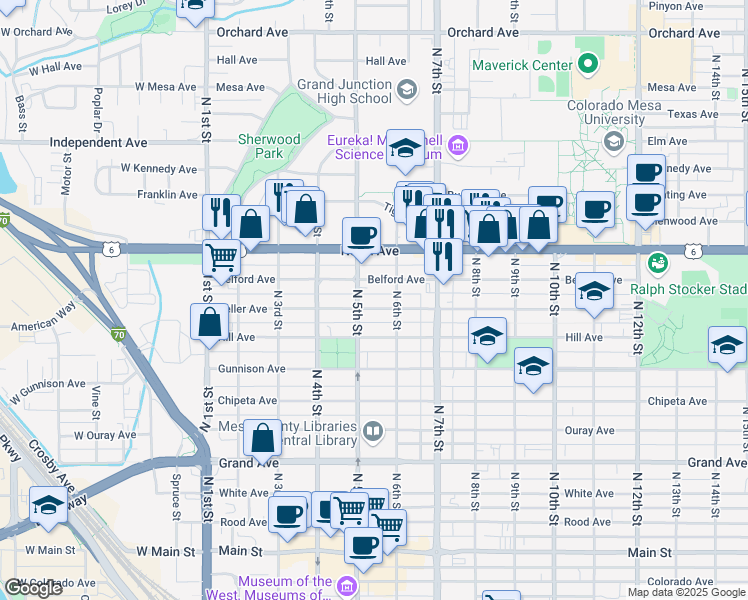 map of restaurants, bars, coffee shops, grocery stores, and more near 828 North 5th Street in Grand Junction