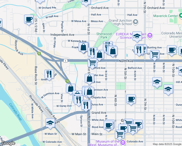 map of restaurants, bars, coffee shops, grocery stores, and more near 135 Teller Avenue in Grand Junction