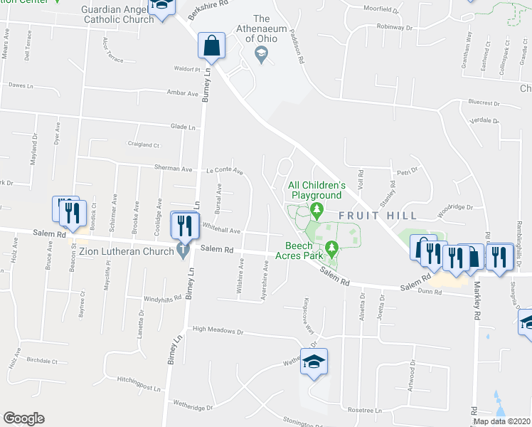 map of restaurants, bars, coffee shops, grocery stores, and more near 6830 Whitehall Avenue in Cincinnati