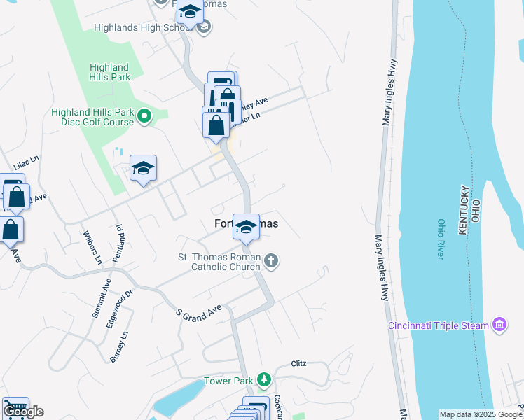 map of restaurants, bars, coffee shops, grocery stores, and more near 106 Manor Lane in Fort Thomas