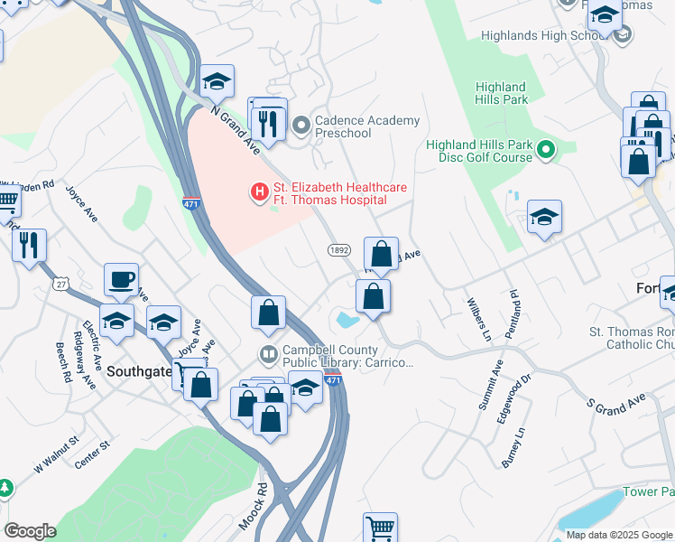 map of restaurants, bars, coffee shops, grocery stores, and more near 730 Highland Avenue in Fort Thomas