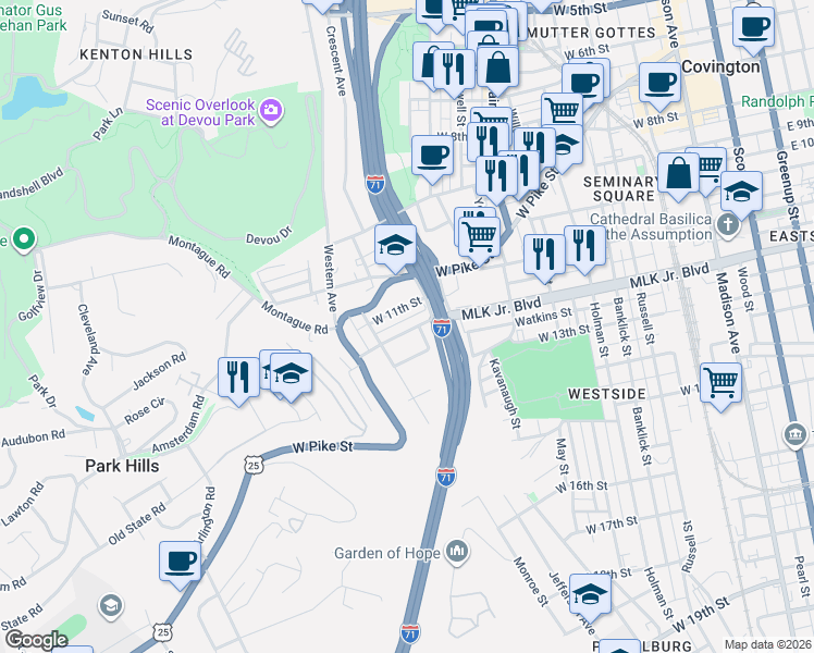 map of restaurants, bars, coffee shops, grocery stores, and more near 620 West Watkins Street in Covington