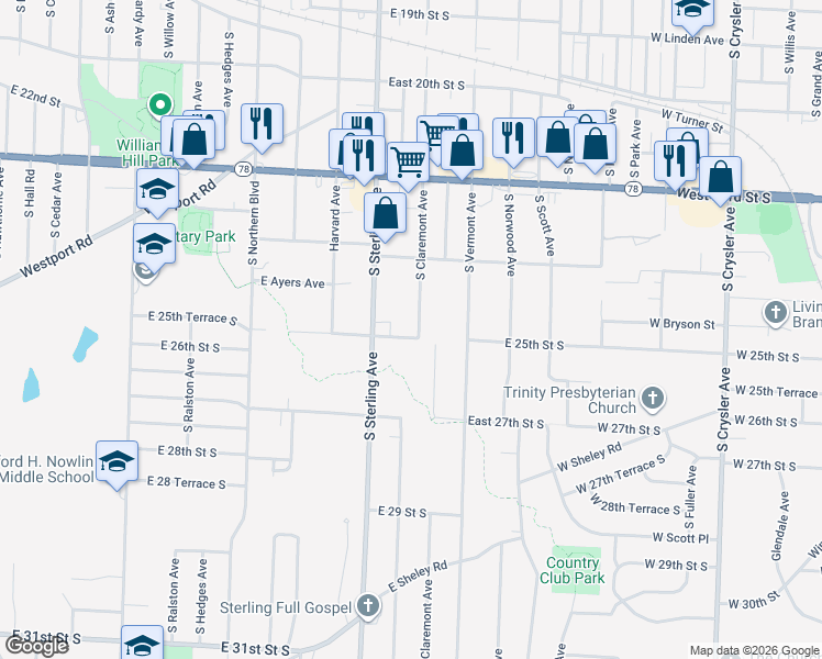 map of restaurants, bars, coffee shops, grocery stores, and more near 11233 East 25th Street South in Independence